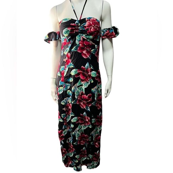 Guess Rosalyn Floral Flutter Sleeve Halter High Slit Maxi Dress - Picture 1 of 7